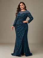 Curveins Plus Size Crew Neck Long Sleeve Floral Sequin Bodycon Slit Maxi Dress