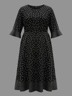 Crew Neck Polka Dot Waist Cinched Dress