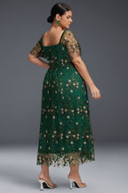 Curveins Plus Size Draped Collar Embroidered Ruffle Hem Maxi Dress