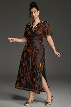 Curveins Plus Size Velvet Surplice Vintage Plain Maxi Dress