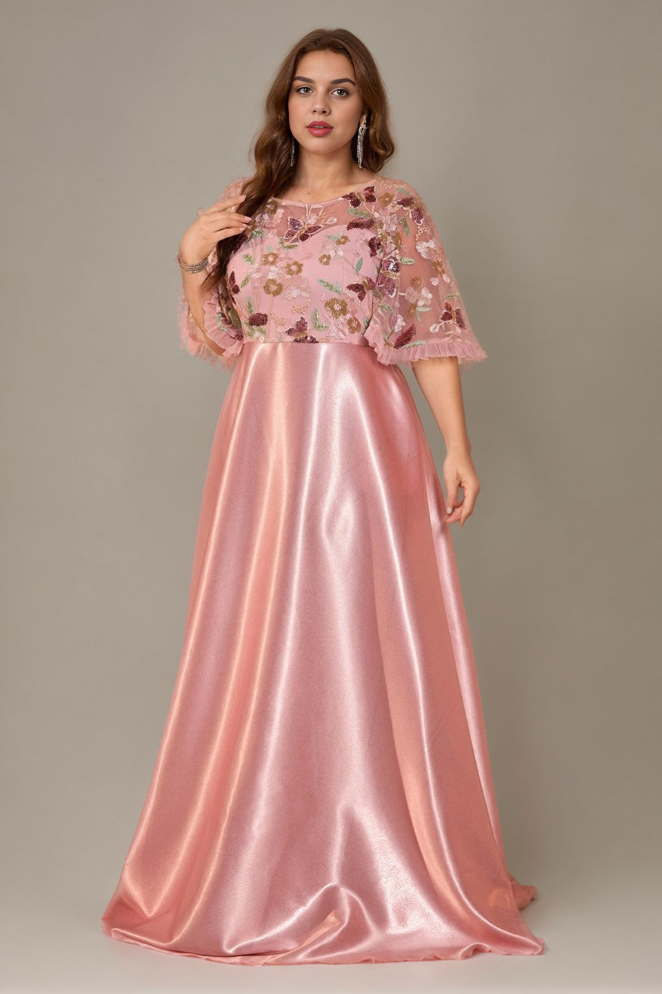 Curveins Plus Size Round Neck Batwing Sleeve Ruffle Patchwork Elegant Maxi Dress