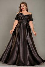 Curveins Plus Size Off Shoulder Bow Tie Front Waist Defining Long Dress Chic Maxi Dress