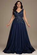 Curveins Elegant Plus Size V-Neck Sleeveless Glitter Pleated Evening Gown