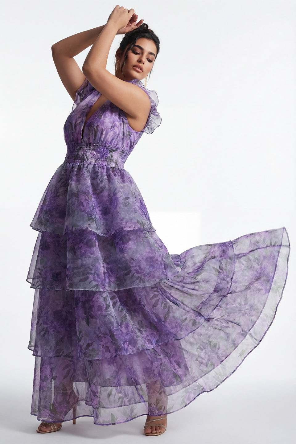 Curveins Plus Size V-Neck Sleeveless Floral Tiered Maxi Dress with Decorative Shoulder Detail