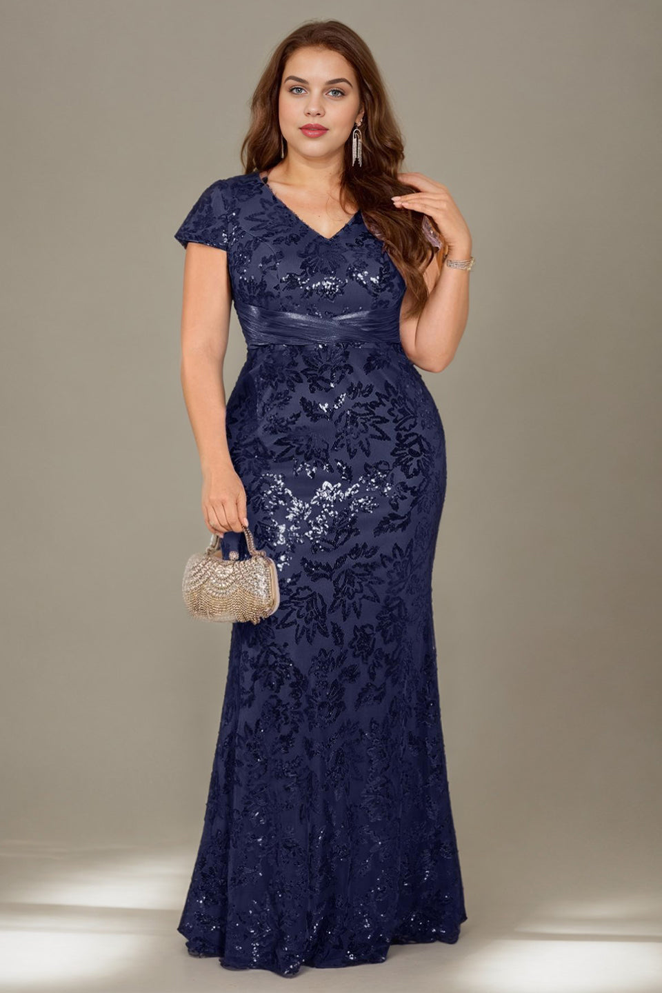 Curveins Plus Size V Neck Ruched Cross Front Sequin Mermaid Bodycon Maxi Dress