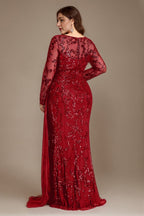 Curveins Plus Size Round Neck Embroidered Tie-Sash Bodycon Maxi Dress
