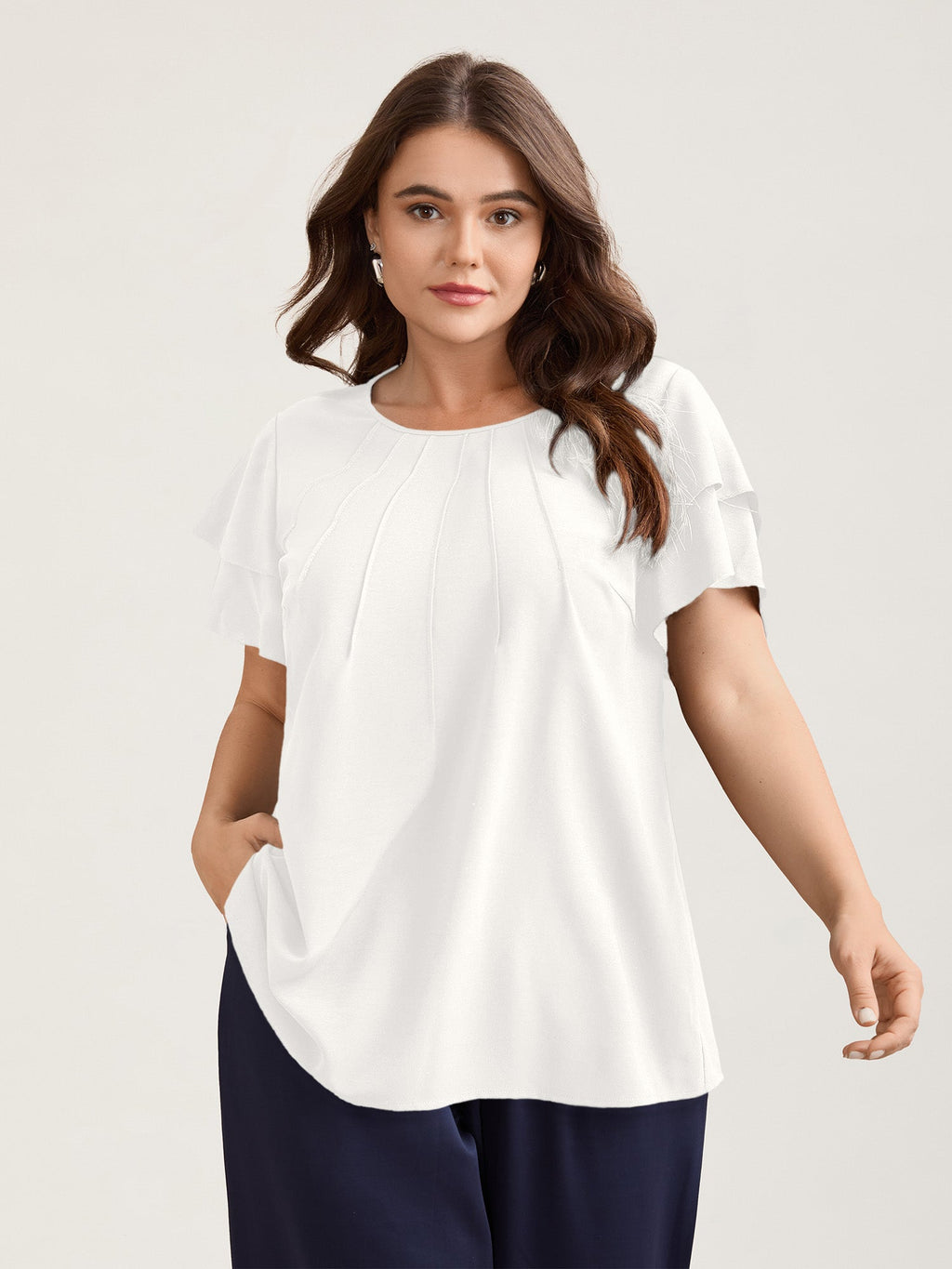 Toothpick Pleat Layered Flutter Sleeve Blouse