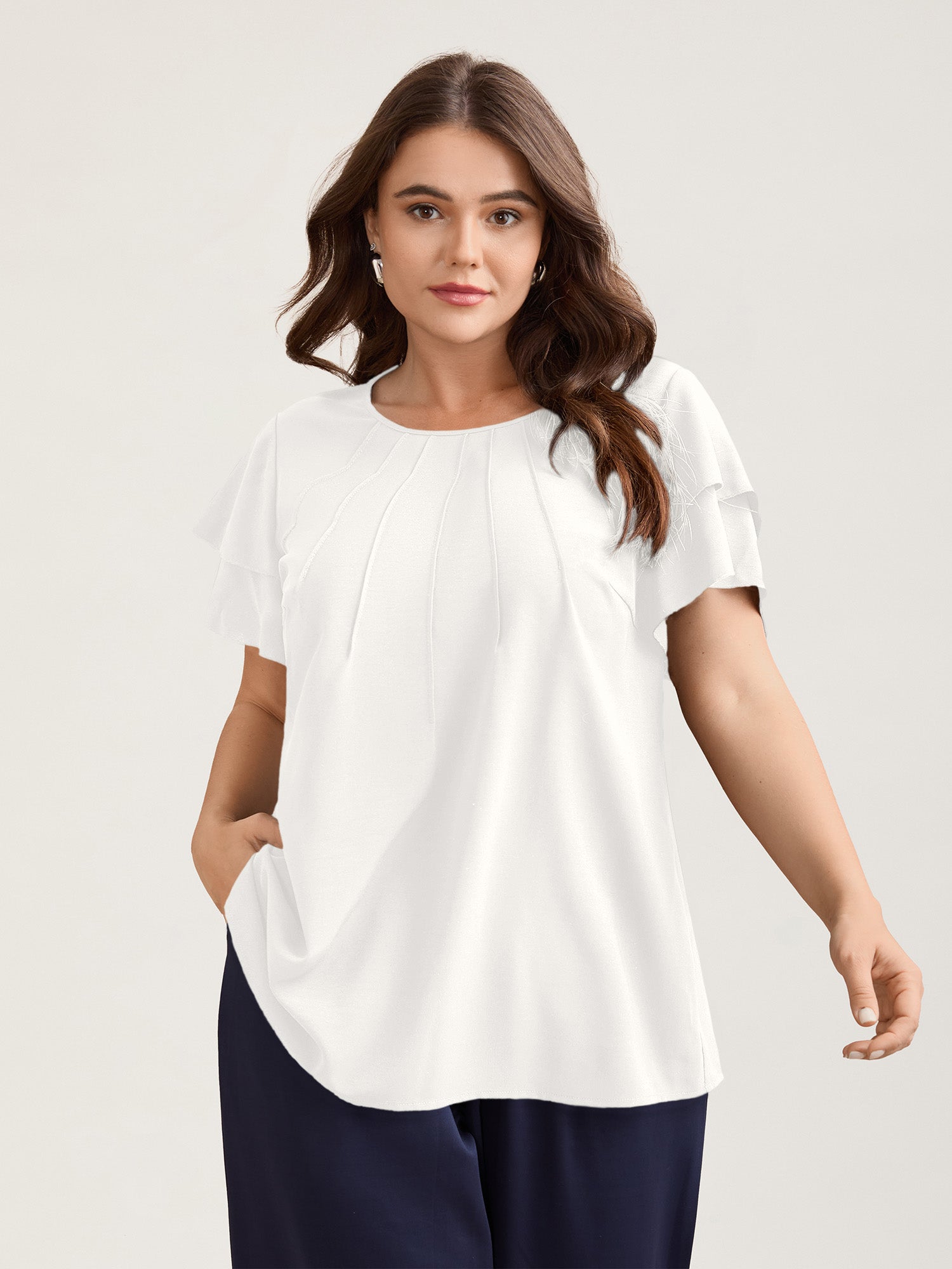 Toothpick Pleat Layered Flutter Sleeve Blouse