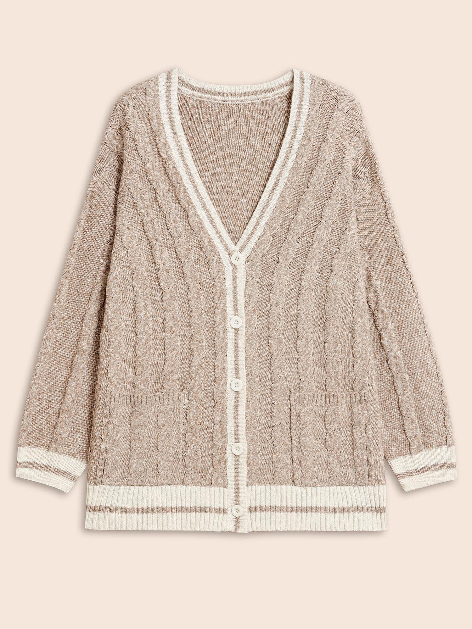 Contrast Trim Cable Knit Pocket Cardigan