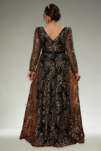 Curveins Plus Size Square Neck Long Sleeve Waist-Defined Sequin Pattern Dress
