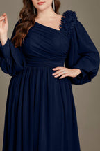 Curveins Plus Size One Shoulder Chiffon 3D Flower Detail Elegant Flowy Maxi Dress