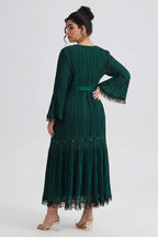 Curveins Plus Size Square Neck Long Sleeve Tie-Up Fringe Maxi Dress