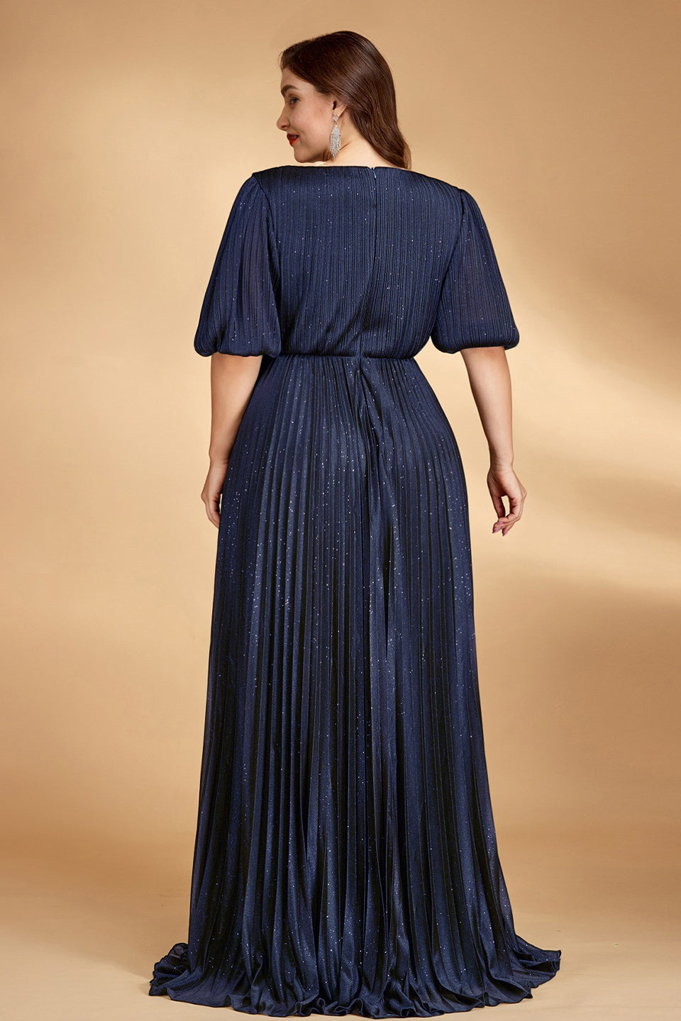 Curveins Plus Size Lantern Sleeve Flowy V Neck Gathered Waist Chic Pleated Maxi Dress