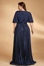 Curveins Plus Size Lantern Sleeve Flowy V Neck Gathered Waist Chic Pleated Maxi Dress