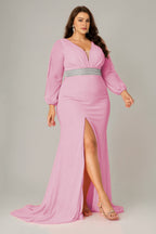 Curveins Plus Size V-Neck Long Sleeve Waist Slim Split Maxi Dress