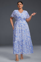 Curveins Plus Size V-Neck Floral Ruffle Hem Maxi Dress