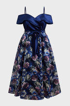 Curveins Plus Size Spaghetti Strap Off-Shoulder Printed Maxi Dress with Patchwork Detail