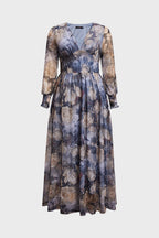 Curveins Plus Size V Neck Long Sleeve Floral Waist Maxi Dress
