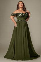 Curveins Plus Size Asymmetric One-Shoulder Sequin Side-Slit Maxi Dress