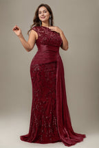 Curveins Plus Size One Shoulder Sleeveless Embroidered Sequin Patchwork Bodycon Maxi Dress