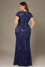 Curveins Plus Size V Neck Ruched Cross Front Sequin Mermaid Bodycon Maxi Dress