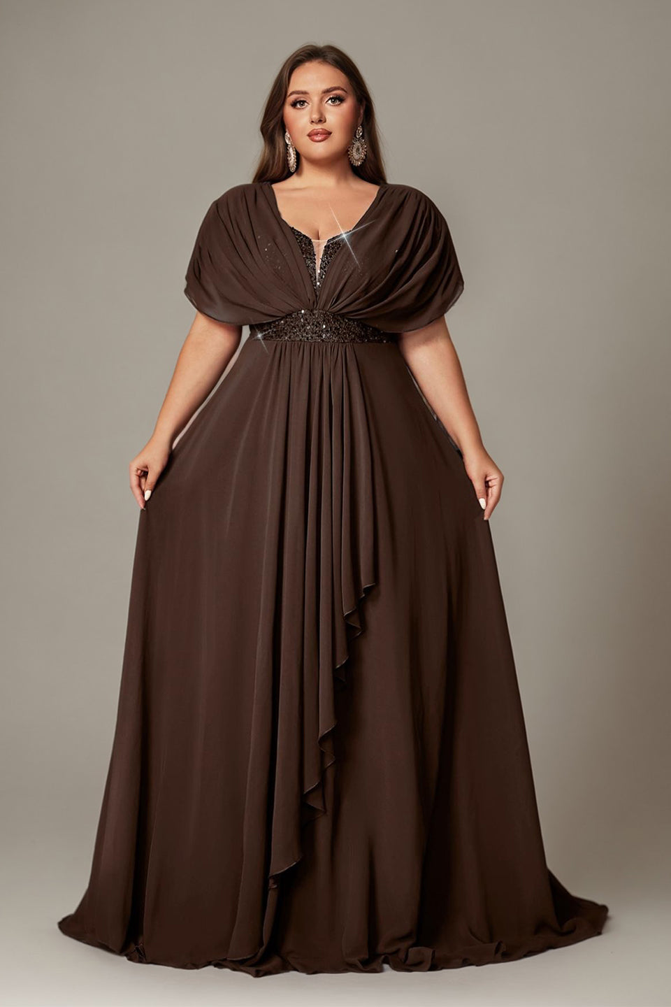 Curveins Plus Size V-Neck Short Sleeve Asymmetrical A-Line Maxi Dress