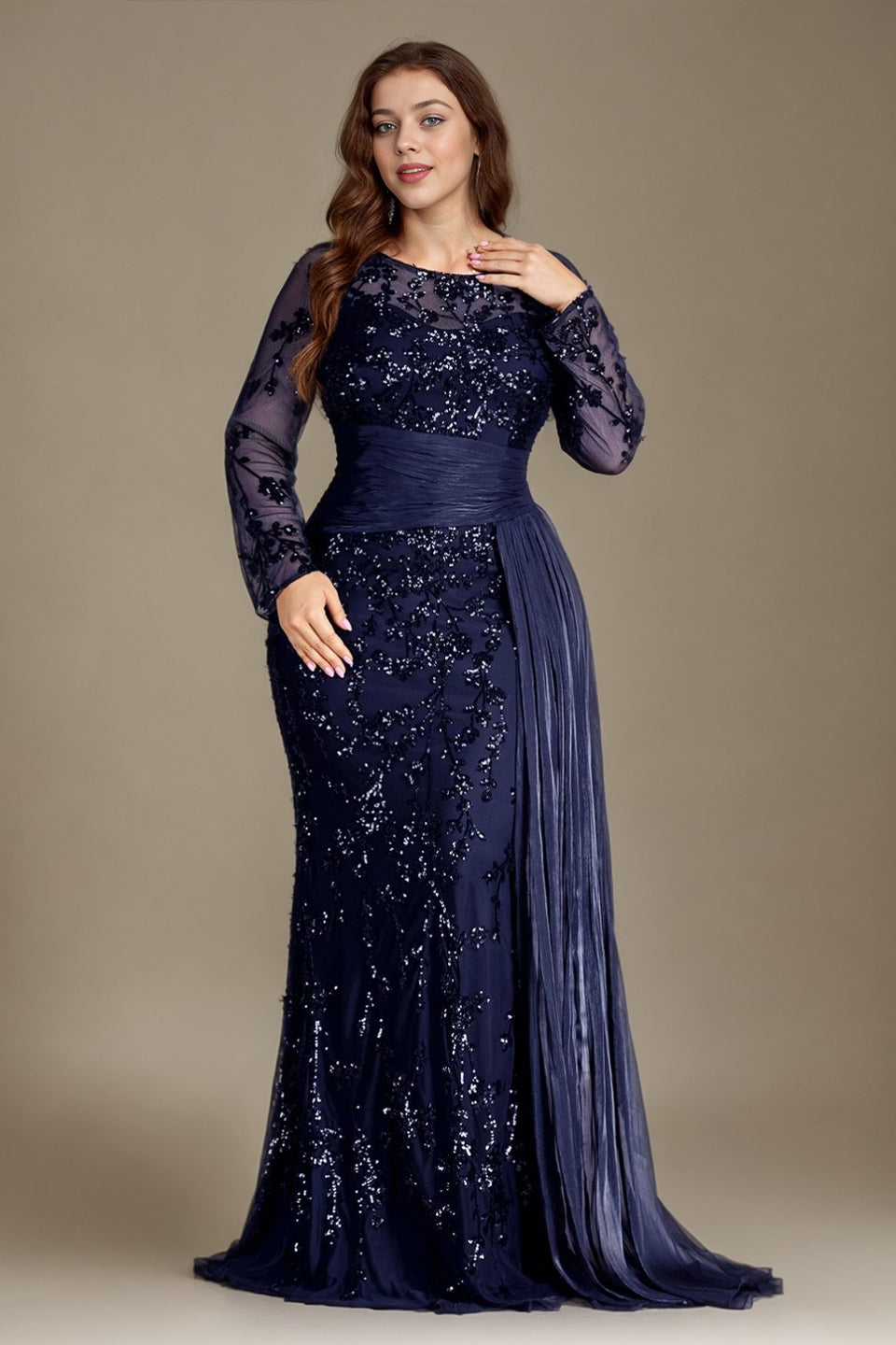 Curveins Plus Size Round Neck Embroidered Tie-Sash Bodycon Maxi Dress