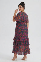 Curveins Plus Size V-Neck Batwing Sleeve Printed Maxi Dress with Ruched Detail