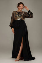 Curveins Plus Size Sequin-Panel Long Sleeve Waist-Defined Maxi Dress
