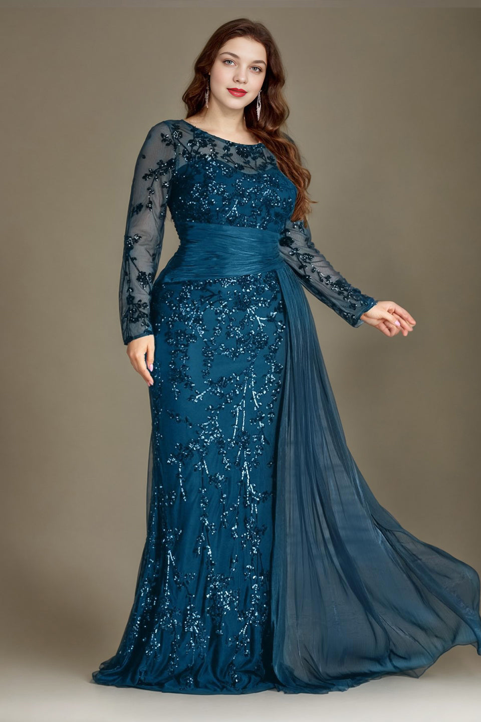 Curveins Plus Size Round Neck Embroidered Tie-Sash Bodycon Maxi Dress