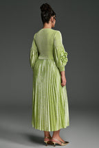 Curveins Plus Size V-Neck Long Sleeve Waist Tie Pleated Maxi Dress