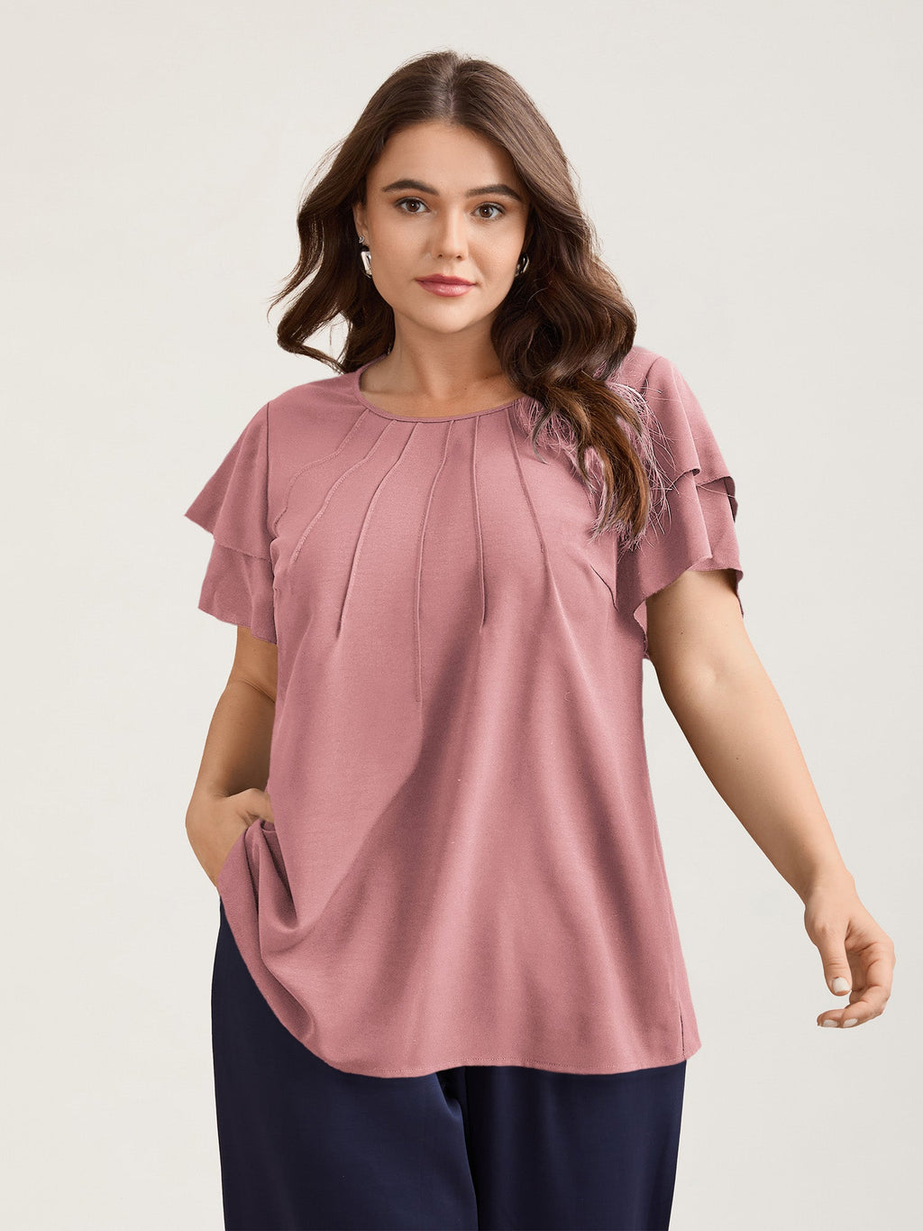 Toothpick Pleat Layered Flutter Sleeve Blouse