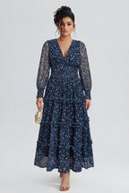 Curveins Plus Size V Neck Long Sleeve Floral Tiered Maxi Dress