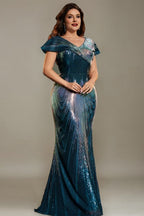 Curveins Plus Size Elegant V-Neck Cap Sleeve Sequin Bodycon Maxi Dress