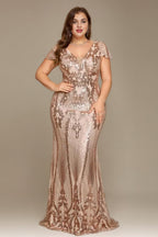 Curveins Plus Size V Neck Short Sleeve Bodycon Sequin Party Maxi Dress