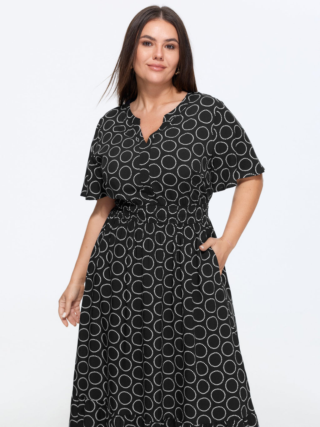 Geometric Print Waist-Cinched Tiered Midi Dress