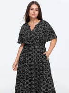 Geometric Print Waist-Cinched Tiered Midi Dress