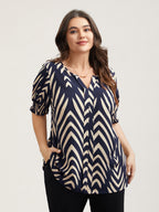 Geometric Print Ruffled Shirred Blouse