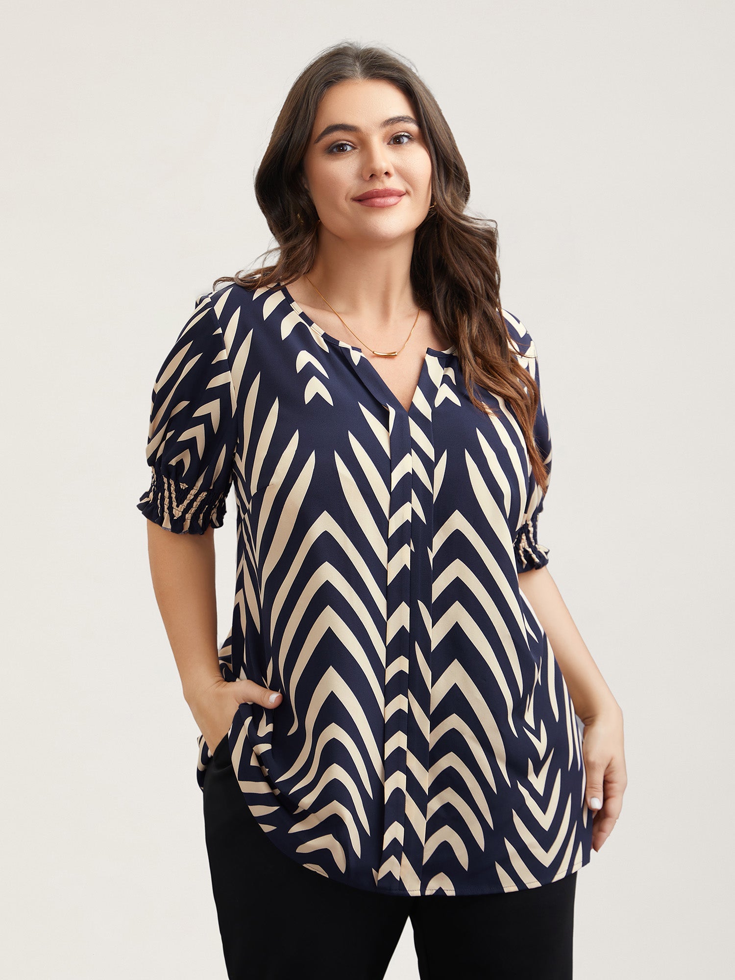 Geometric Print Ruffled Shirred Blouse