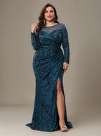 Curveins Plus Size Crew Neck Long Sleeve Floral Sequin Bodycon Slit Maxi Dress