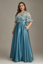 Curveins Plus Size Round Neck Batwing Sleeve Ruffle Patchwork Elegant Maxi Dress