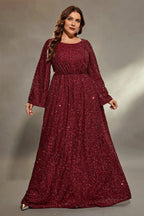 Curveins Plus Size Round Neck Long Sleeve Sequin Maxi Dress with Cinched Waist