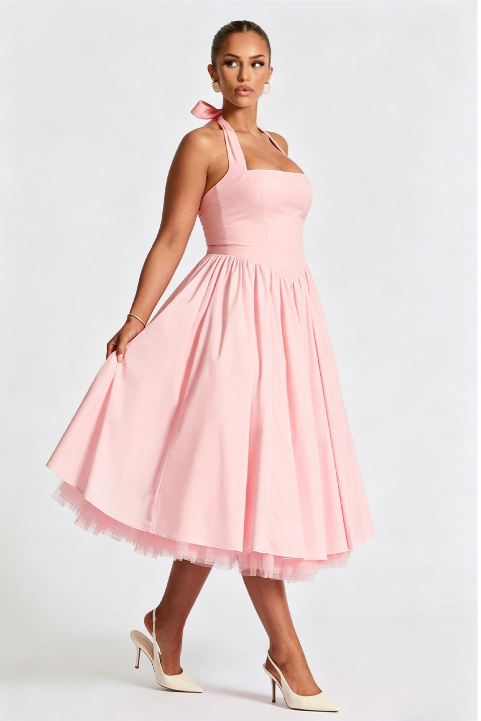 Curveins Plus Size Halter Neck Spaghetti Strap Sleeveless Puff Skirt Midi Dress