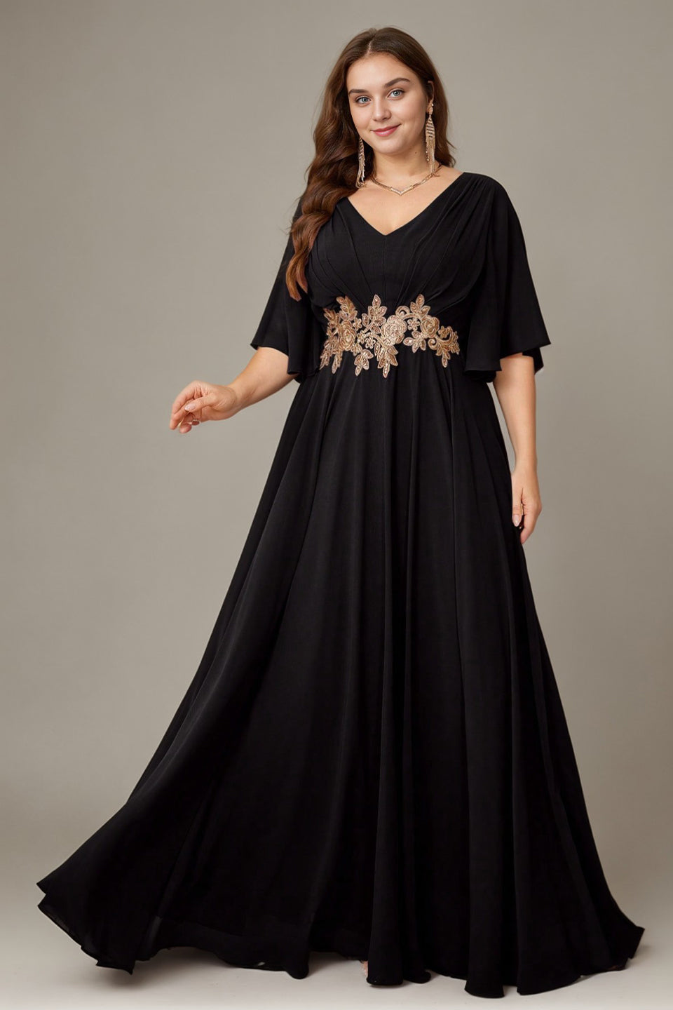 Curveins Plus Size Batwing Sleeve V Neck Gathered Waist Elegant Maxi Dress