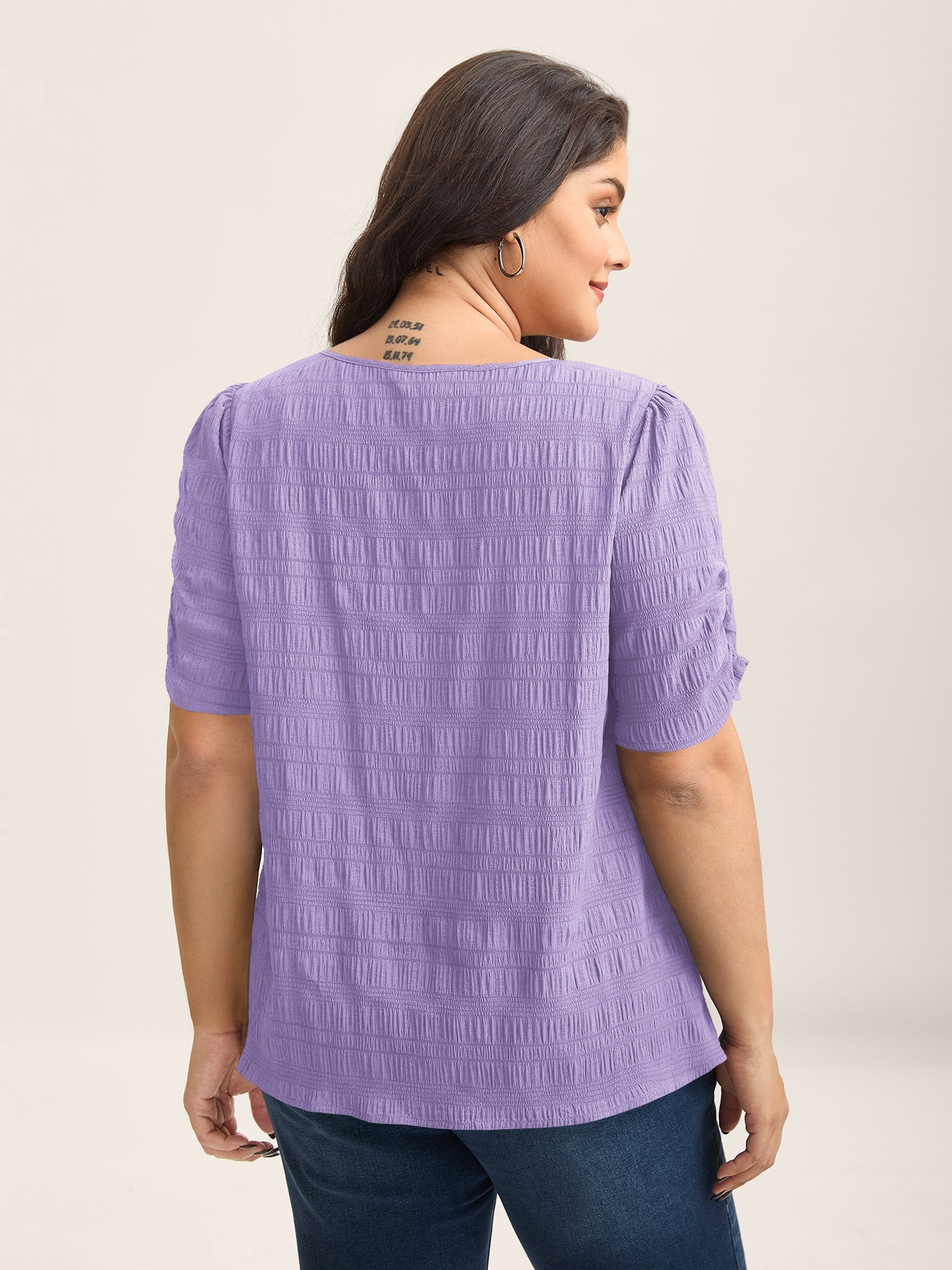 Textured Gathered Sleeve Split Neck Blouse