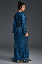 Curveins Plus Size V-Neck Long Sleeves Sequin Floral Bodycon Maxi Dress