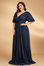 Curveins Plus Size Lantern Sleeve Flowy V Neck Gathered Waist Chic Pleated Maxi Dress