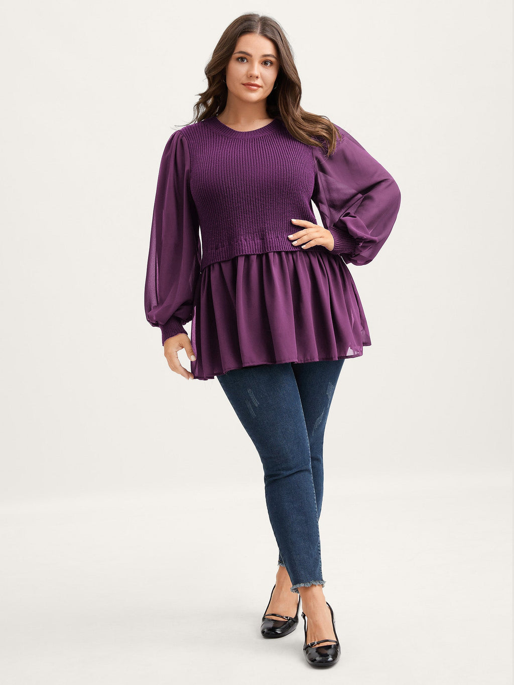 Balloon Sleeve Solid Twofer Sweater