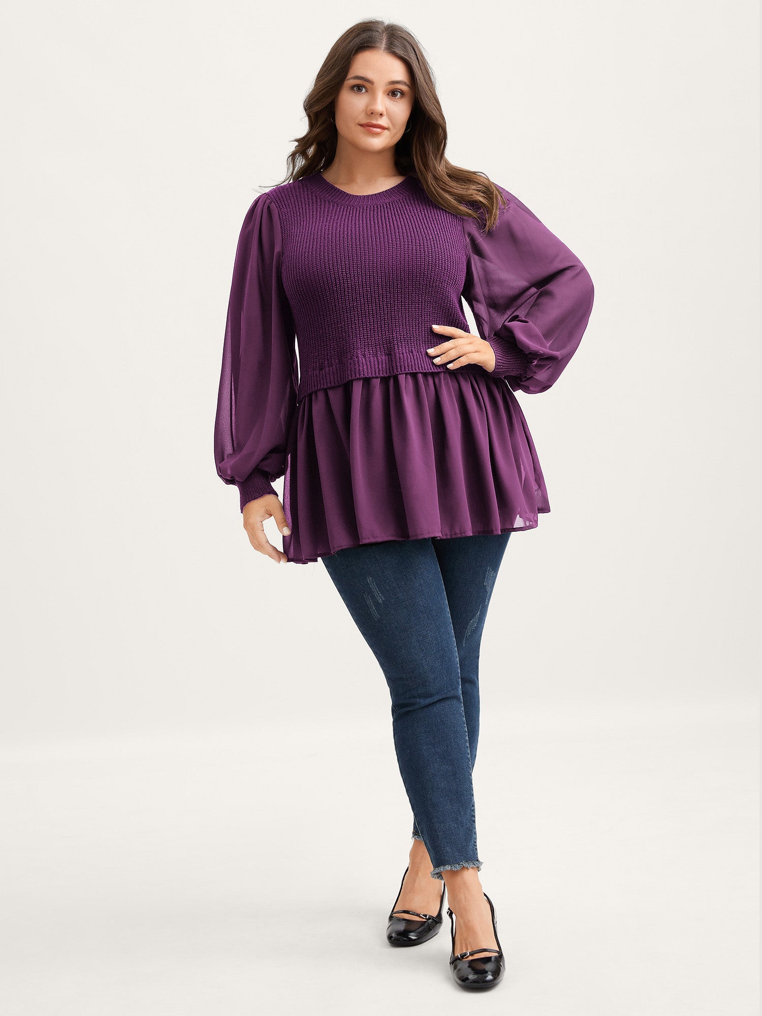 Balloon Sleeve Solid Twofer Sweater