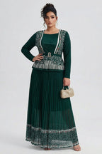 Curveins Plus Size Square Neck Long Sleeve Pleated Waist Maxi Dress